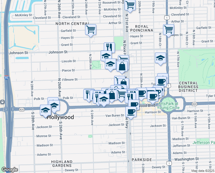 map of restaurants, bars, coffee shops, grocery stores, and more near 2238 Fillmore Street in Hollywood