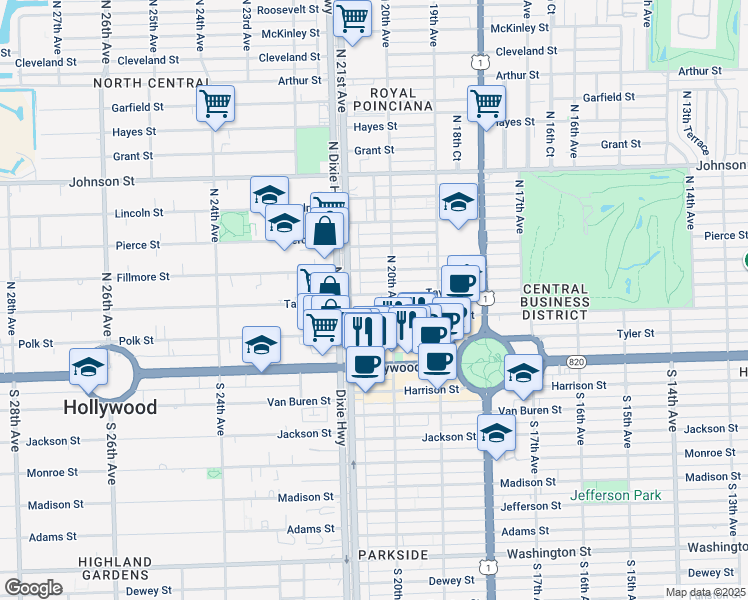 map of restaurants, bars, coffee shops, grocery stores, and more near 2024 Taylor Street in Hollywood