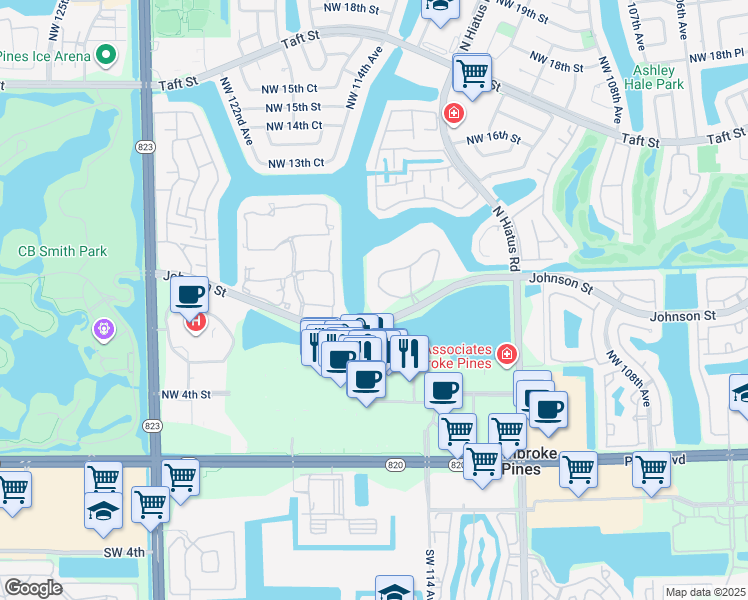 map of restaurants, bars, coffee shops, grocery stores, and more near 900 Colony Point Circle in Pembroke Pines