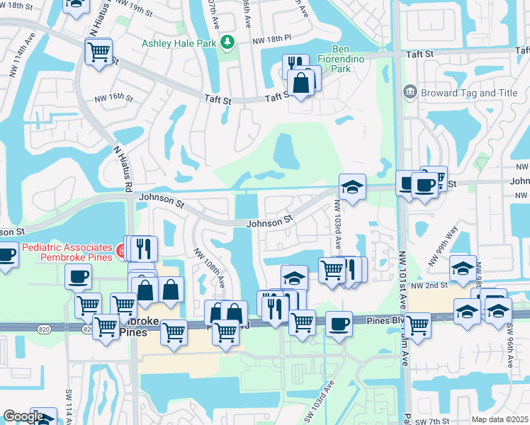 map of restaurants, bars, coffee shops, grocery stores, and more near 1072 Northwest 106th Terrace in Pembroke Pines