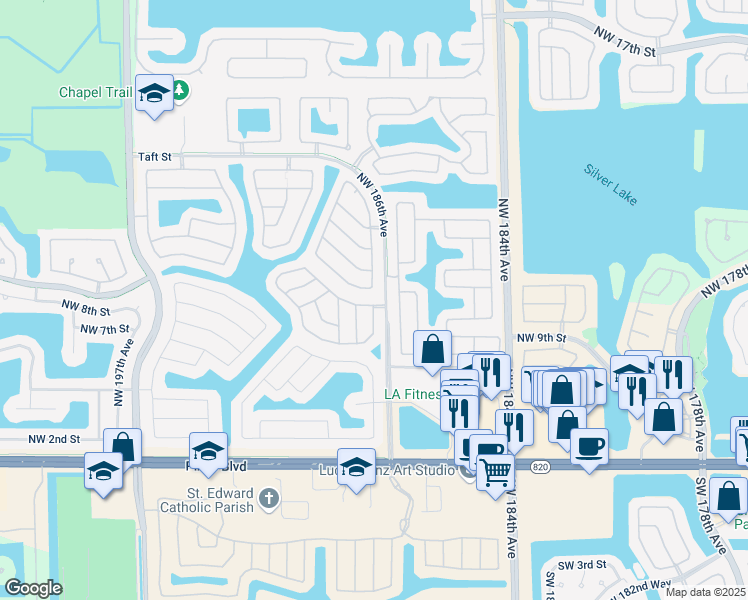 map of restaurants, bars, coffee shops, grocery stores, and more near 18611 Northwest 11th Street in Pembroke Pines