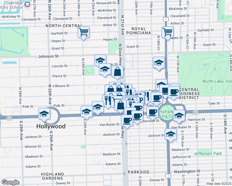 map of restaurants, bars, coffee shops, grocery stores, and more near 408 North Dixie Highway in Hollywood