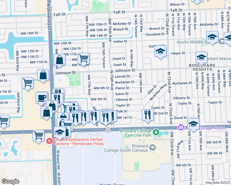 map of restaurants, bars, coffee shops, grocery stores, and more near 7570 Pierce Street in Hollywood