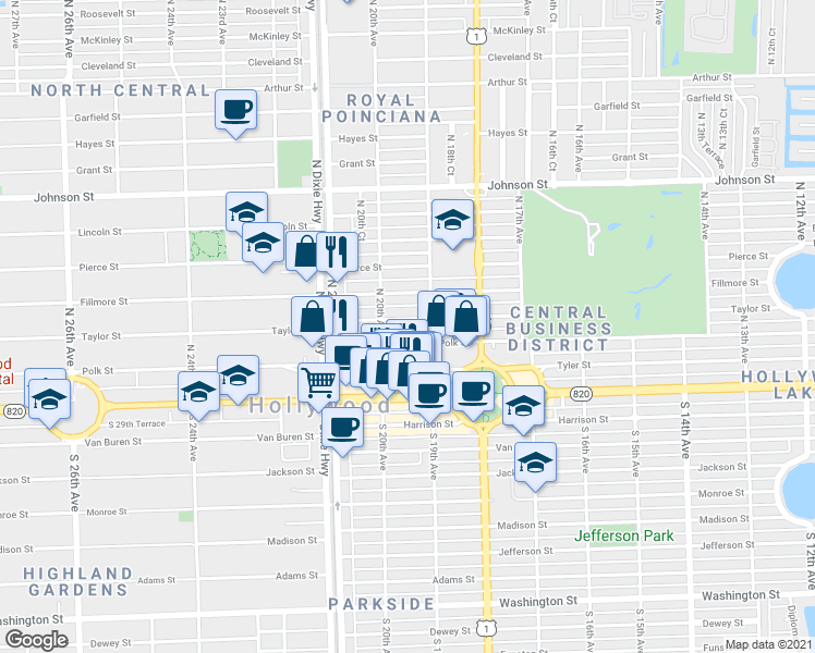 map of restaurants, bars, coffee shops, grocery stores, and more near 1947 Taylor Street in Hollywood