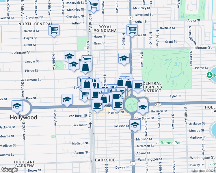 map of restaurants, bars, coffee shops, grocery stores, and more near 1947 Taylor Street in Hollywood