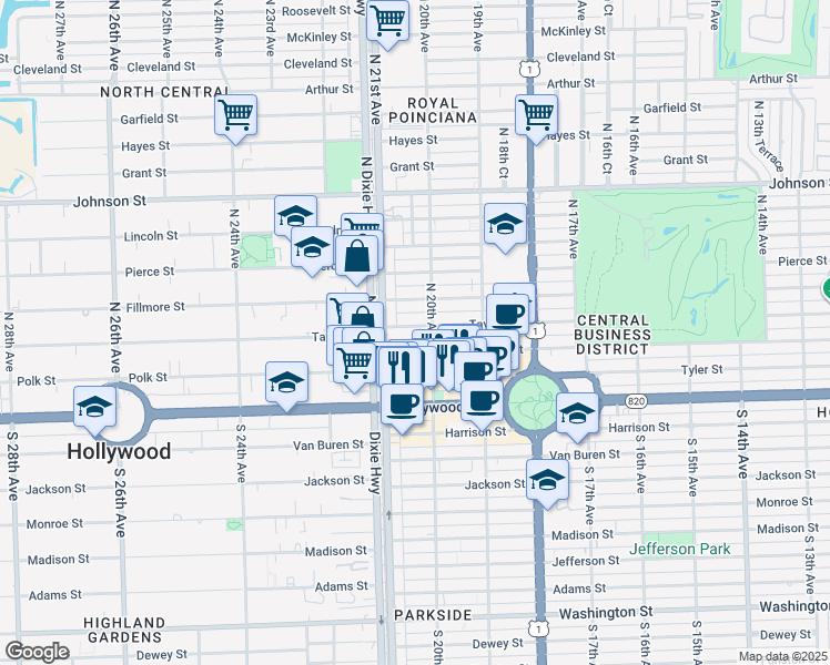map of restaurants, bars, coffee shops, grocery stores, and more near 2029 Taylor Street in Hollywood