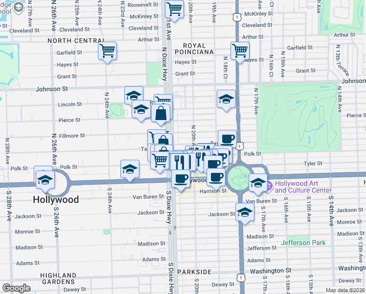 map of restaurants, bars, coffee shops, grocery stores, and more near 2029 Taylor Street in Hollywood