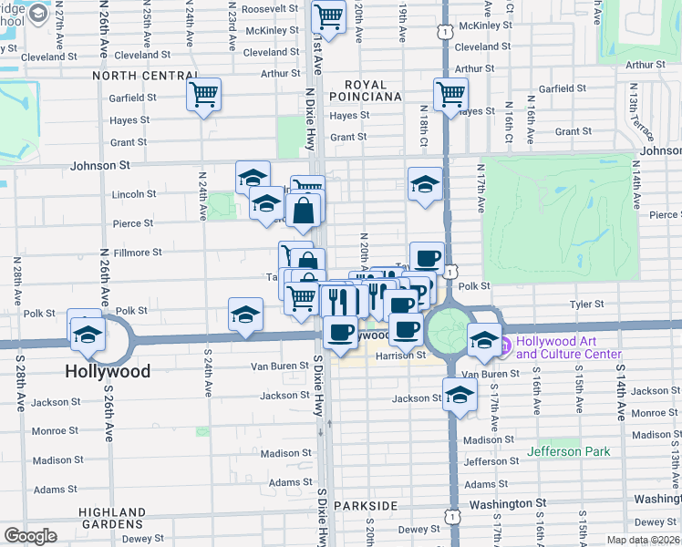 map of restaurants, bars, coffee shops, grocery stores, and more near 2029 Taylor Street in Hollywood