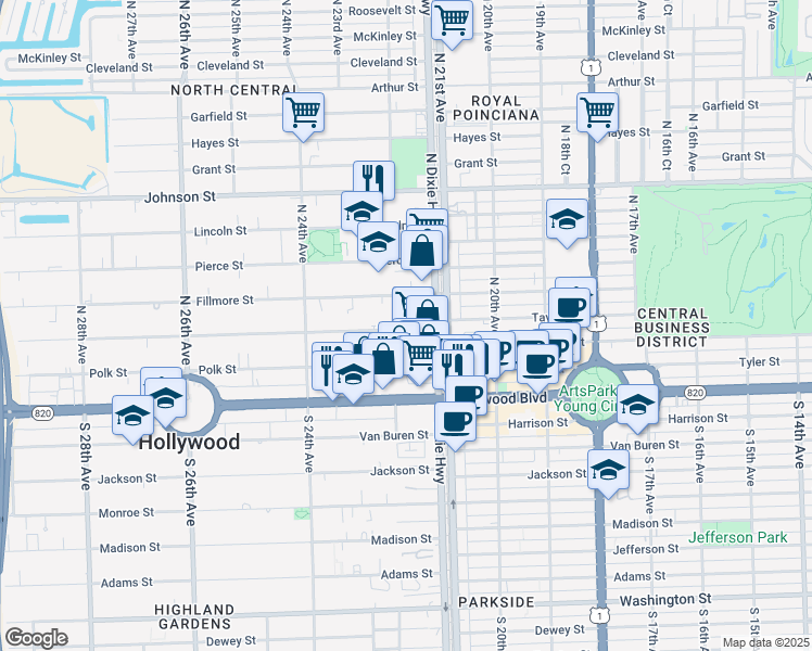 map of restaurants, bars, coffee shops, grocery stores, and more near 2140 Fillmore Street in Hollywood