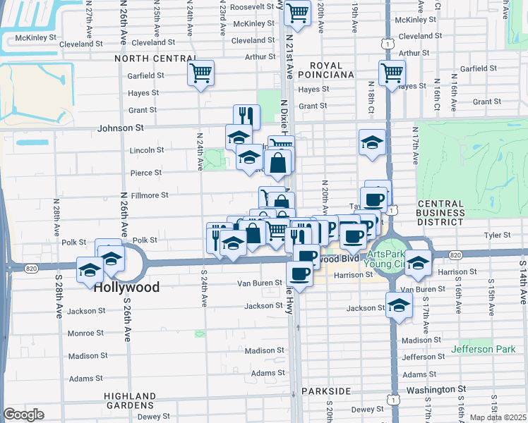map of restaurants, bars, coffee shops, grocery stores, and more near 2140 Fillmore Street in Hollywood