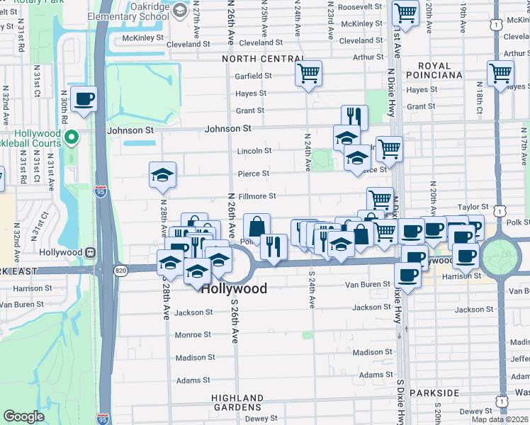 map of restaurants, bars, coffee shops, grocery stores, and more near 2462 Fillmore Street in Hollywood