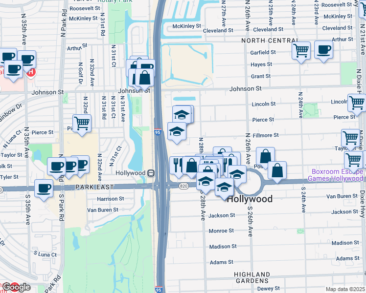 map of restaurants, bars, coffee shops, grocery stores, and more near 2830 Fillmore Street in Hollywood