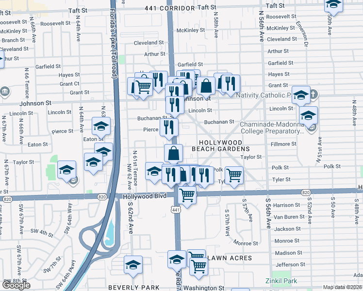 map of restaurants, bars, coffee shops, grocery stores, and more near 5916 Pierce Street in Hollywood