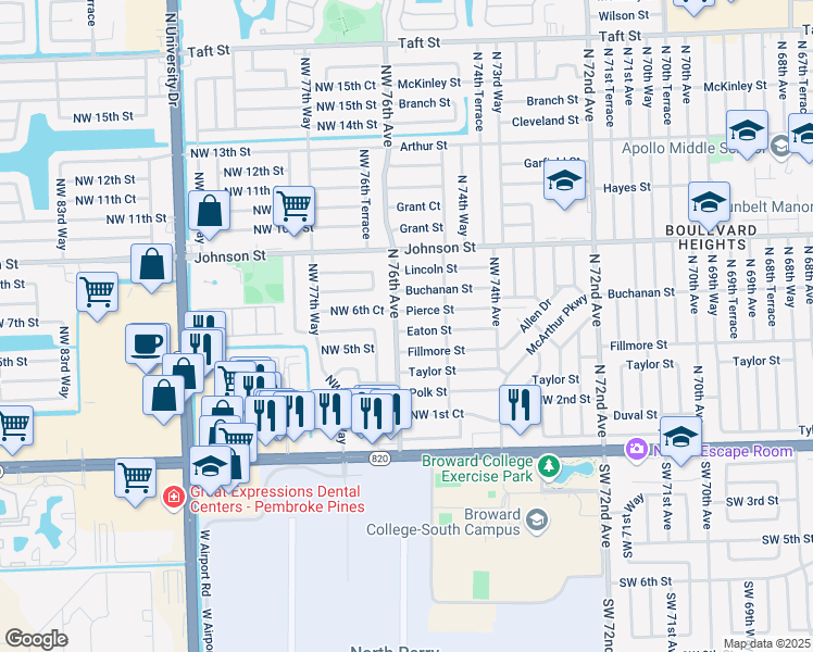 map of restaurants, bars, coffee shops, grocery stores, and more near 7570 Pierce Street in Hollywood