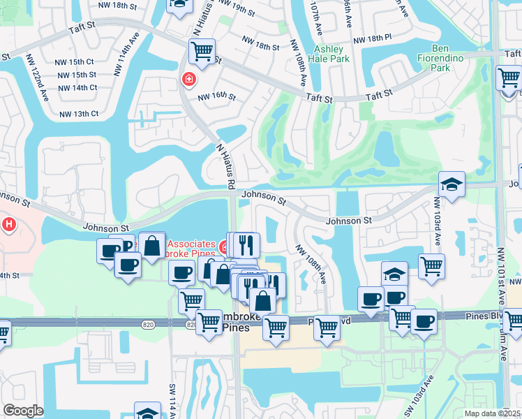 map of restaurants, bars, coffee shops, grocery stores, and more near 10895 Northwest 8th Street in Pembroke Pines