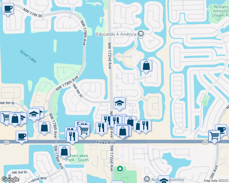 map of restaurants, bars, coffee shops, grocery stores, and more near 1144 Northwest 171st Terrace in Pembroke Pines
