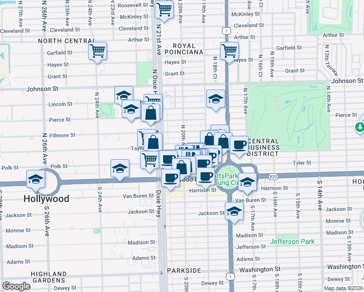 map of restaurants, bars, coffee shops, grocery stores, and more near 2000 Taylor Street in Hollywood