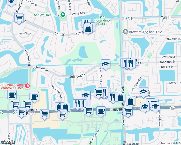 map of restaurants, bars, coffee shops, grocery stores, and more near 10421 Northwest 8th Street in Pembroke Pines