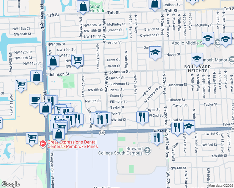 map of restaurants, bars, coffee shops, grocery stores, and more near 591 North 75th Avenue in Hollywood