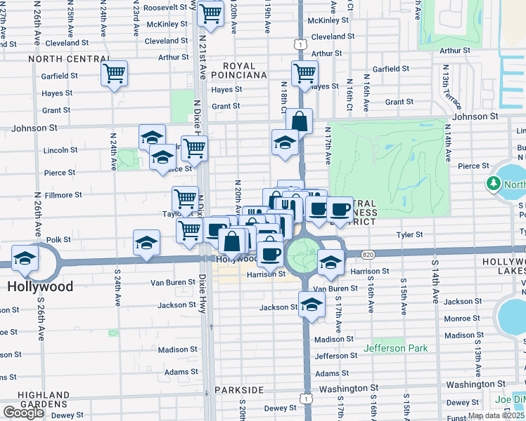 map of restaurants, bars, coffee shops, grocery stores, and more near 414 North 19th Avenue in Hollywood
