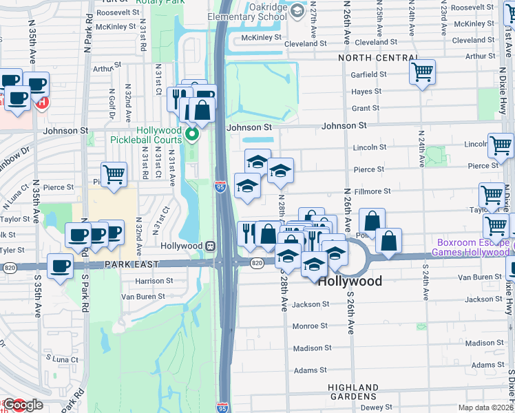 map of restaurants, bars, coffee shops, grocery stores, and more near 2839 Taylor Street in Hollywood