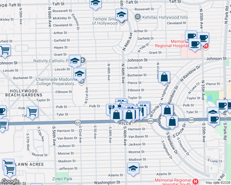 map of restaurants, bars, coffee shops, grocery stores, and more near 4704 Fillmore Street in Hollywood