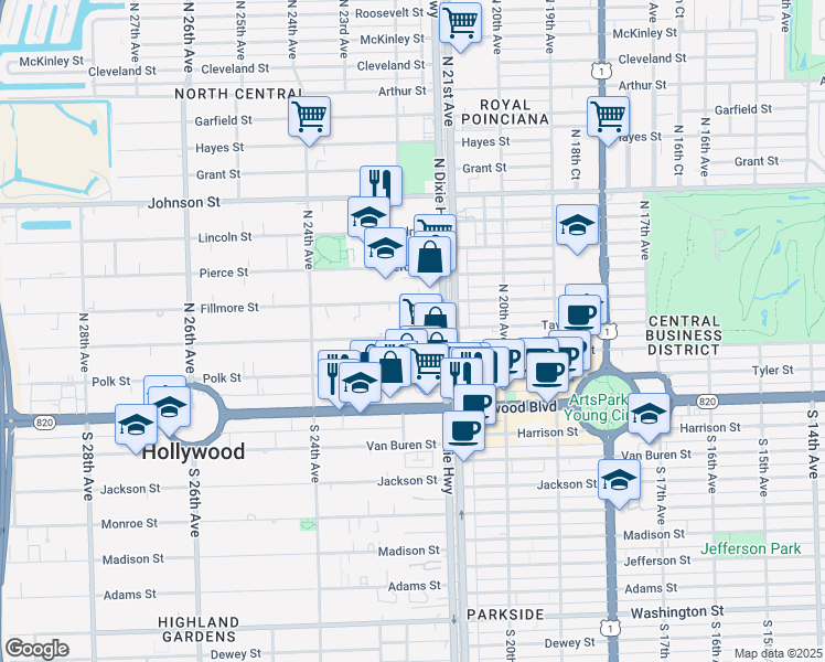 map of restaurants, bars, coffee shops, grocery stores, and more near 2140 Fillmore Street in Hollywood