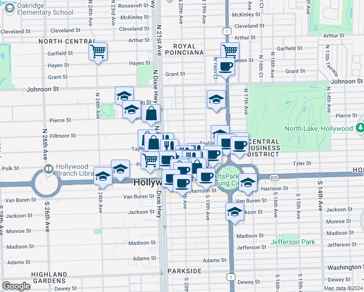 map of restaurants, bars, coffee shops, grocery stores, and more near 2000 Taylor Street in Hollywood