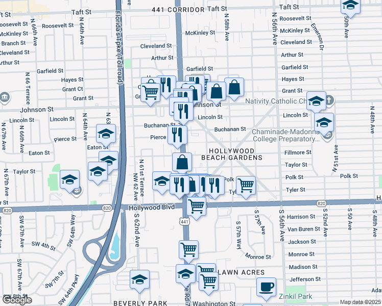 map of restaurants, bars, coffee shops, grocery stores, and more near 5916 Pierce Street in Hollywood