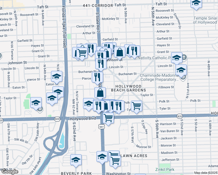 map of restaurants, bars, coffee shops, grocery stores, and more near 5919 Fillmore Street in Hollywood