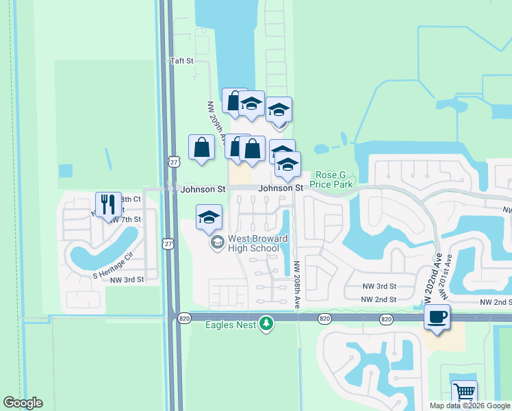 map of restaurants, bars, coffee shops, grocery stores, and more near 757 Northwest 208th Drive in Pembroke Pines