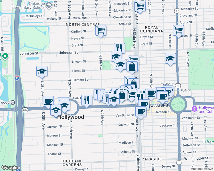 map of restaurants, bars, coffee shops, grocery stores, and more near 2332 Fillmore Street in Hollywood