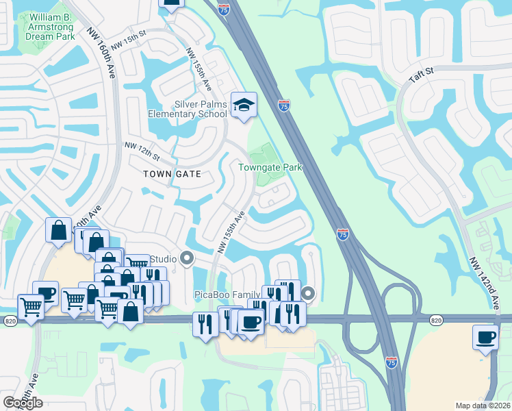 map of restaurants, bars, coffee shops, grocery stores, and more near 15129 Northwest 7th Court in Pembroke Pines