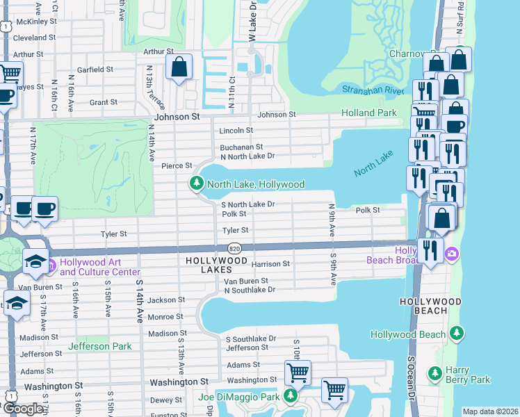 map of restaurants, bars, coffee shops, grocery stores, and more near 1018 South Northlake Drive in Hollywood