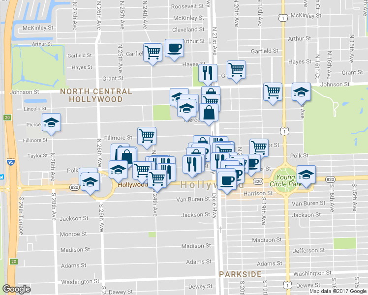 map of restaurants, bars, coffee shops, grocery stores, and more near 2238 Fillmore Street in Hollywood