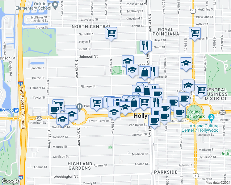 map of restaurants, bars, coffee shops, grocery stores, and more near 2332 Fillmore Street in Hollywood