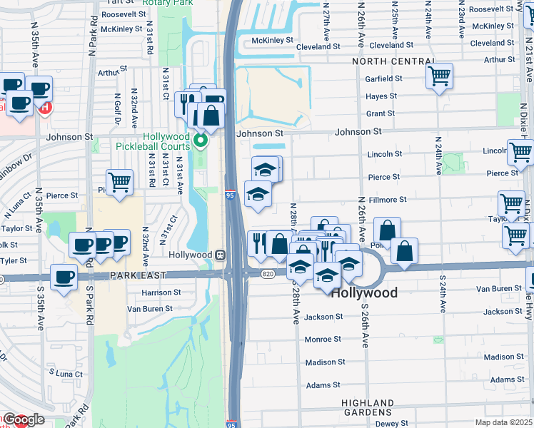 map of restaurants, bars, coffee shops, grocery stores, and more near 2830 Fillmore Street in Hollywood