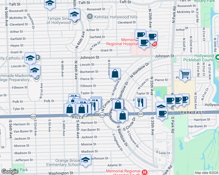 map of restaurants, bars, coffee shops, grocery stores, and more near 4115 Fillmore Street in Hollywood