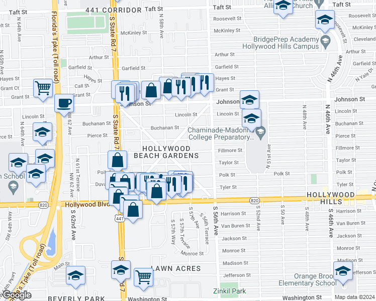 map of restaurants, bars, coffee shops, grocery stores, and more near 5705 Fillmore Street in Hollywood