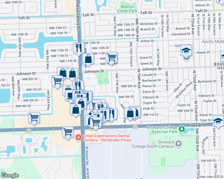 map of restaurants, bars, coffee shops, grocery stores, and more near 630 Northwest 78th Avenue in Pembroke Pines