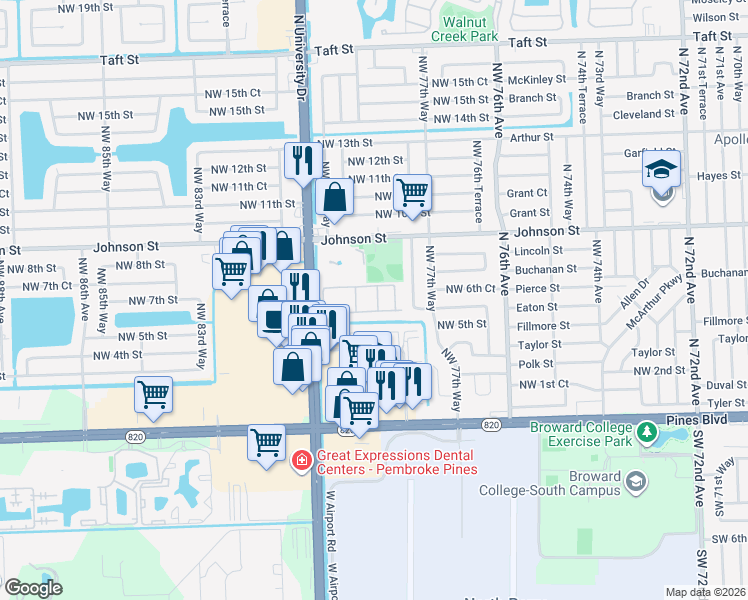 map of restaurants, bars, coffee shops, grocery stores, and more near 104 Northwest 79th Avenue in Pembroke Pines