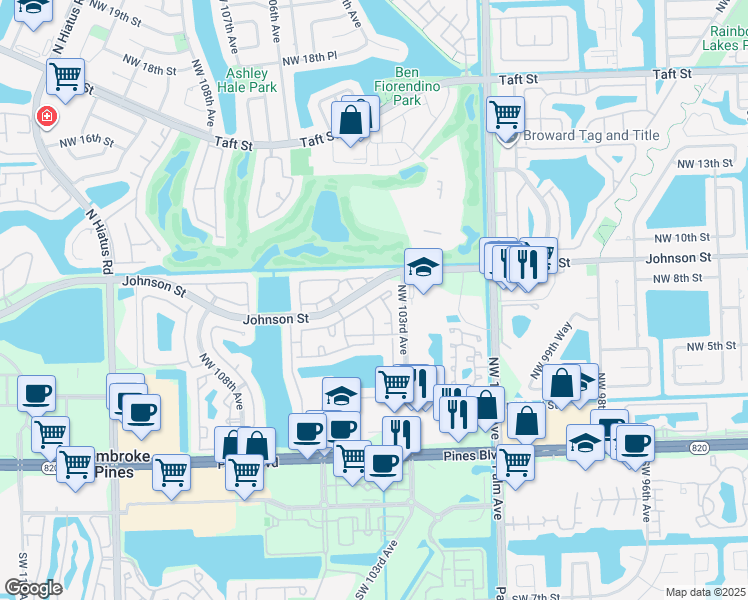 map of restaurants, bars, coffee shops, grocery stores, and more near 89 Northwest 8th Street in Pembroke Pines