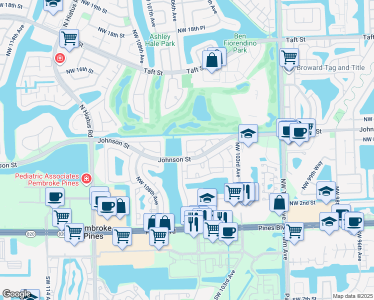 map of restaurants, bars, coffee shops, grocery stores, and more near 10549 Northwest 10th Street in Pembroke Pines