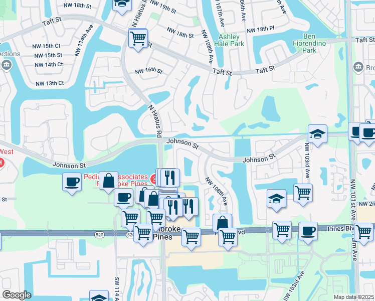 map of restaurants, bars, coffee shops, grocery stores, and more near 10835 Northwest 8th Street in Pembroke Pines