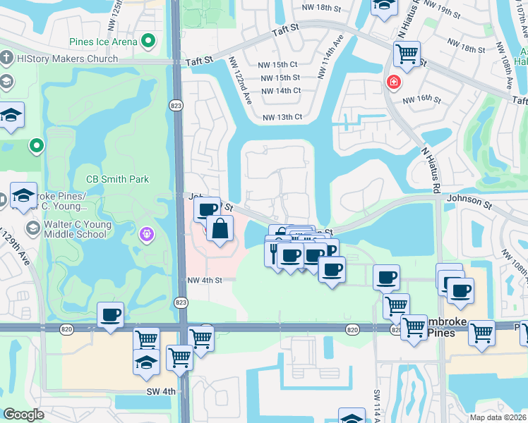 map of restaurants, bars, coffee shops, grocery stores, and more near 12008 Northwest 11th Street in Pembroke Pines