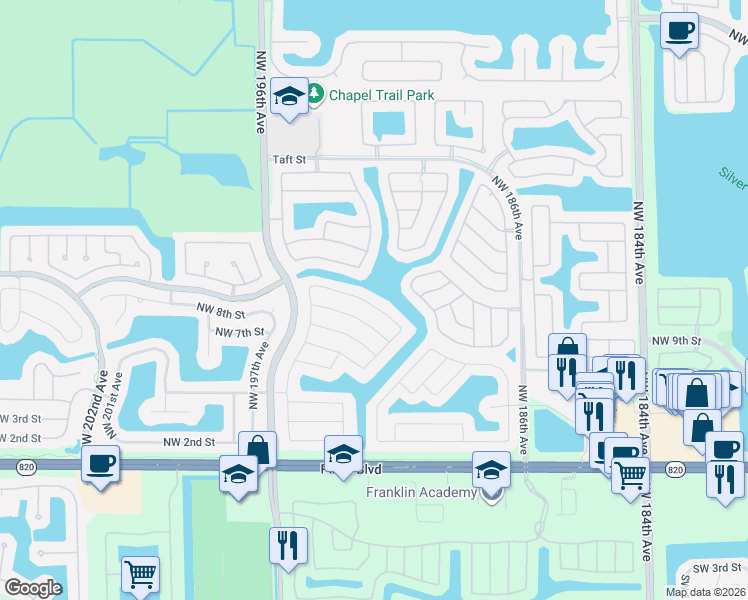 map of restaurants, bars, coffee shops, grocery stores, and more near 19401 Northwest 8th Street in Pembroke Pines