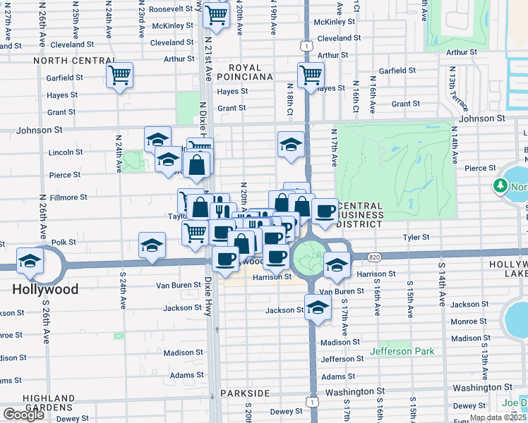 map of restaurants, bars, coffee shops, grocery stores, and more near 1926 Taylor Street in Hollywood