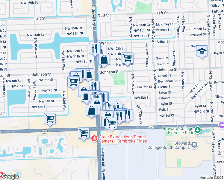 map of restaurants, bars, coffee shops, grocery stores, and more near 104 Northwest 79th Avenue in Pembroke Pines