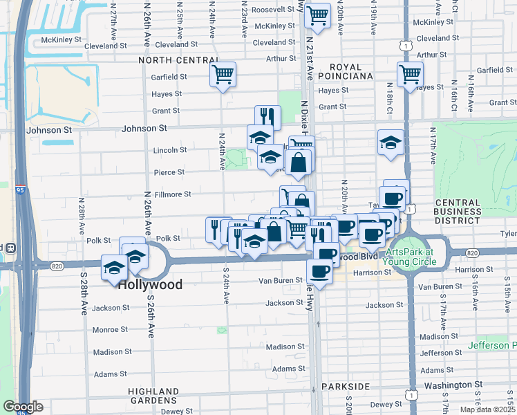 map of restaurants, bars, coffee shops, grocery stores, and more near 2237 Taylor Street in Hollywood