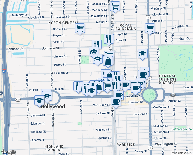 map of restaurants, bars, coffee shops, grocery stores, and more near 2238 Fillmore Street in Hollywood